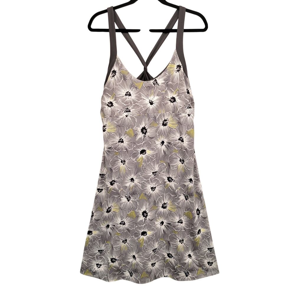 Patagonia Morning Glory Dress XL Gray Floral Scoop Neck Shelf Bra Wicking Travel